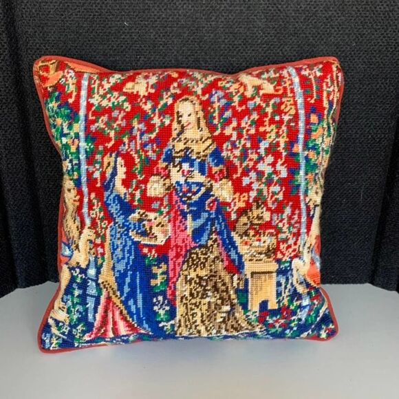 Vintage Needlepoint Victorian Scene Royal14x14 Square Pillow. Bright Colors.